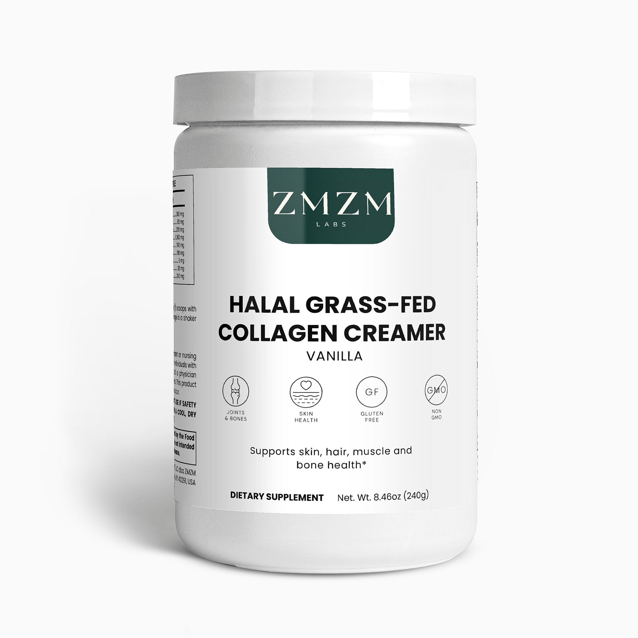 ZMZM Labs Halal Grass-Fed Collagen Creamer container on a white background
