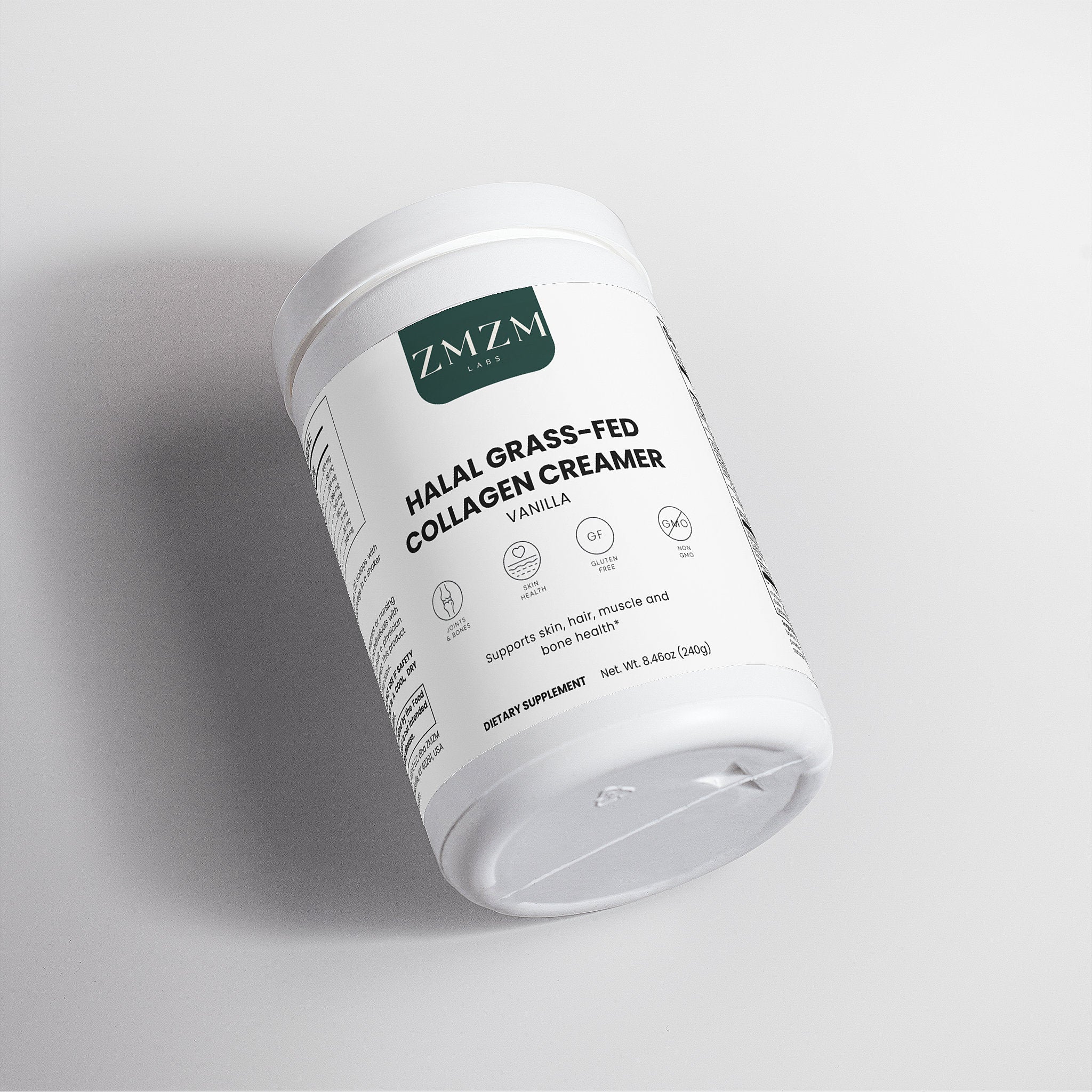 Container of ZMZM Labs Halal Grass-Fed Collagen Creamer on a light gray background