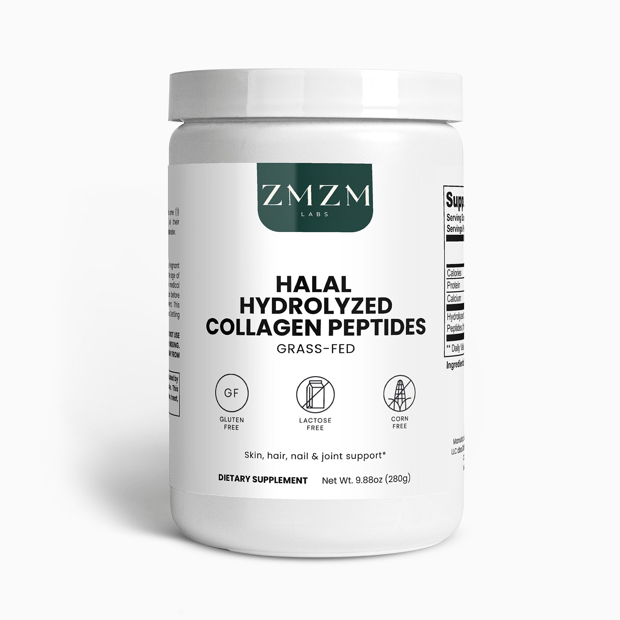 ZMZM Labs Halal Hydrolyzed Collagen Peptides container on a white background