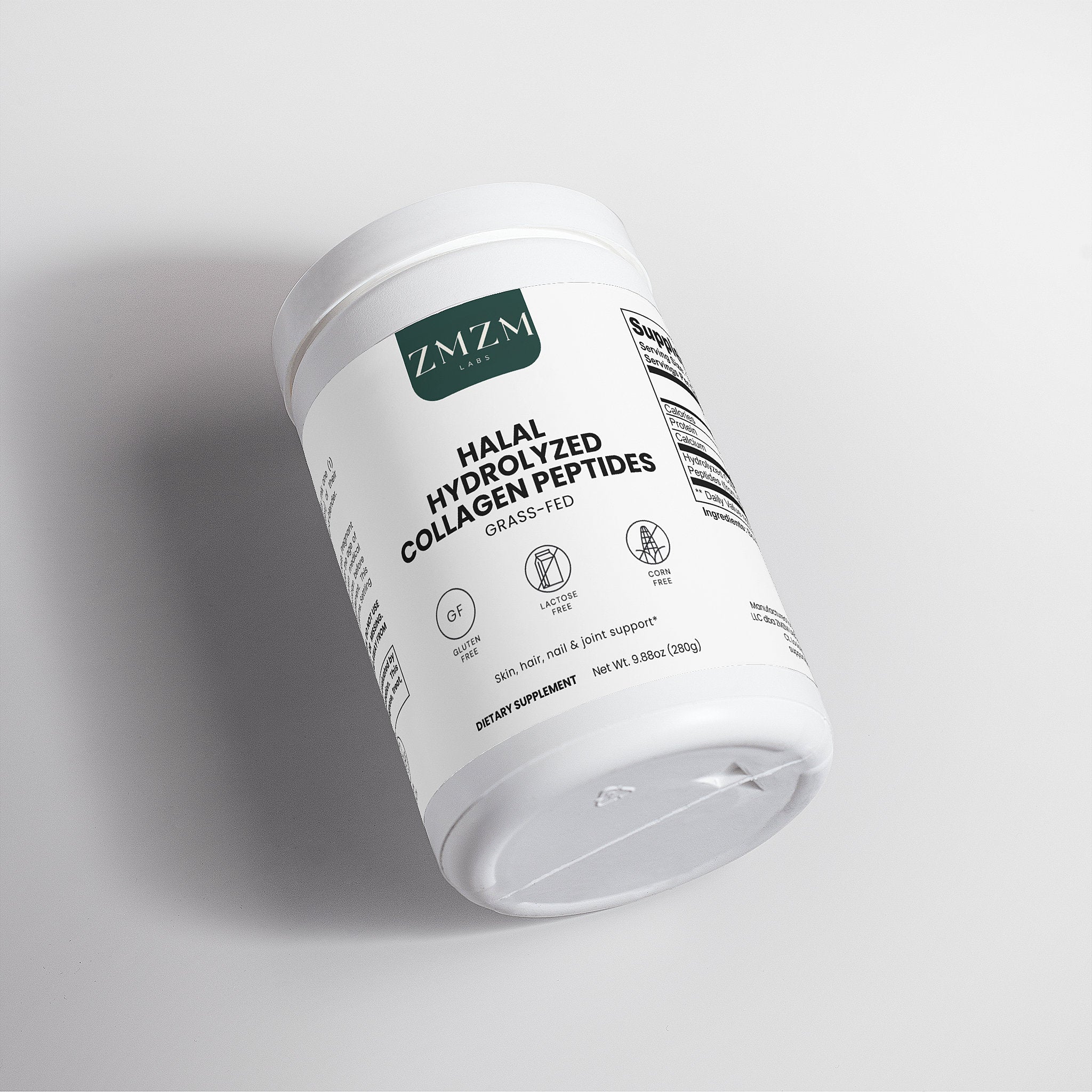 Container of ZMZM Labs Halal Hydrolyzed Collagen Peptides on a light gray background