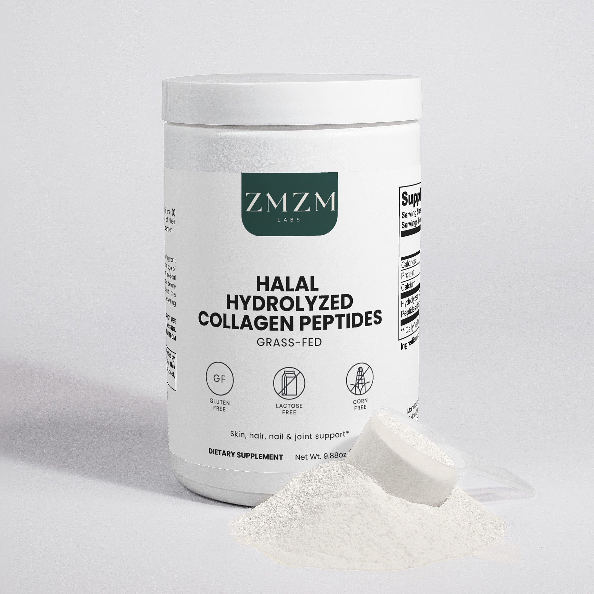 ZMZM Labs Halal Hydrolyzed Collagen Peptides container on a white background