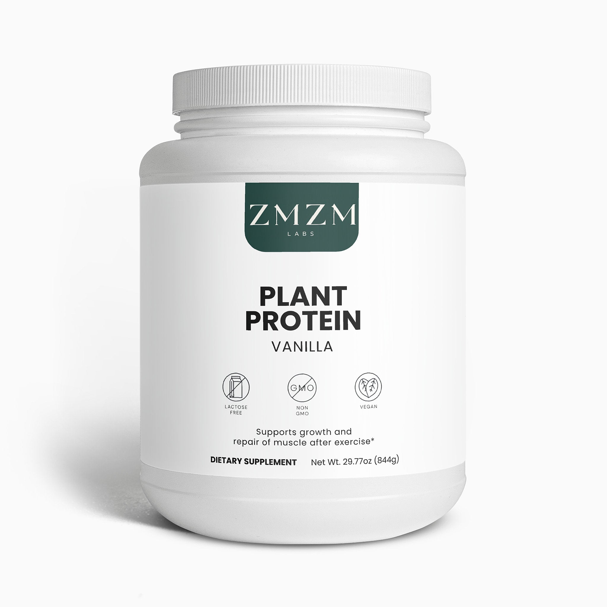ZMZM Labs plant protein powder container on a white background