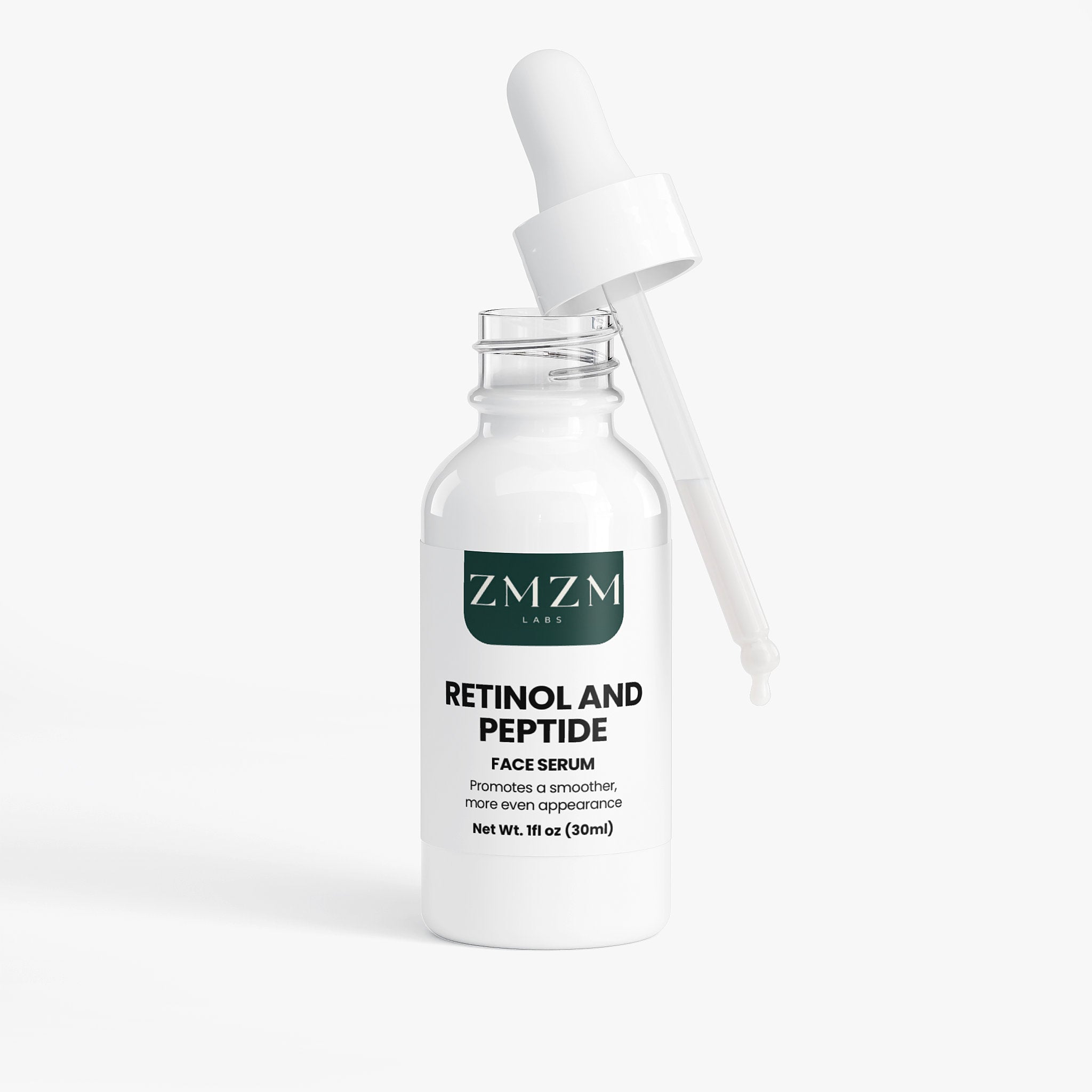 ZMZM Labs Retinol and Peptide face serum bottle with dropper on a white background