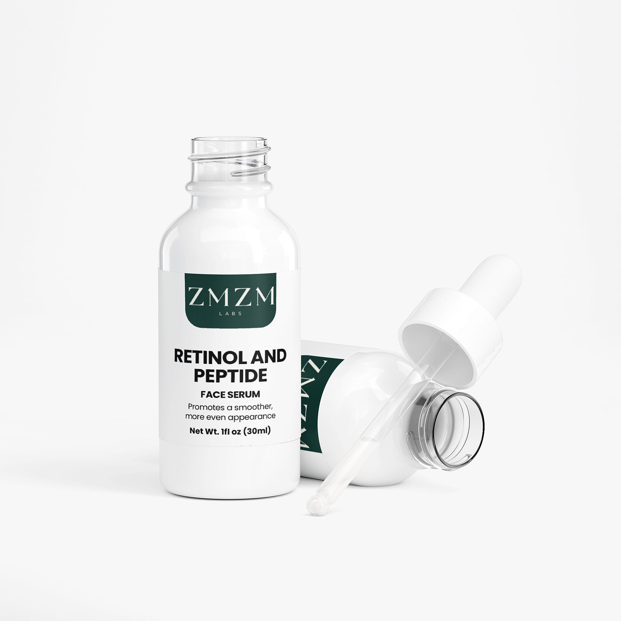 ZMZM Labs Retinol and Peptide Face Serum bottle with dropper on a white background