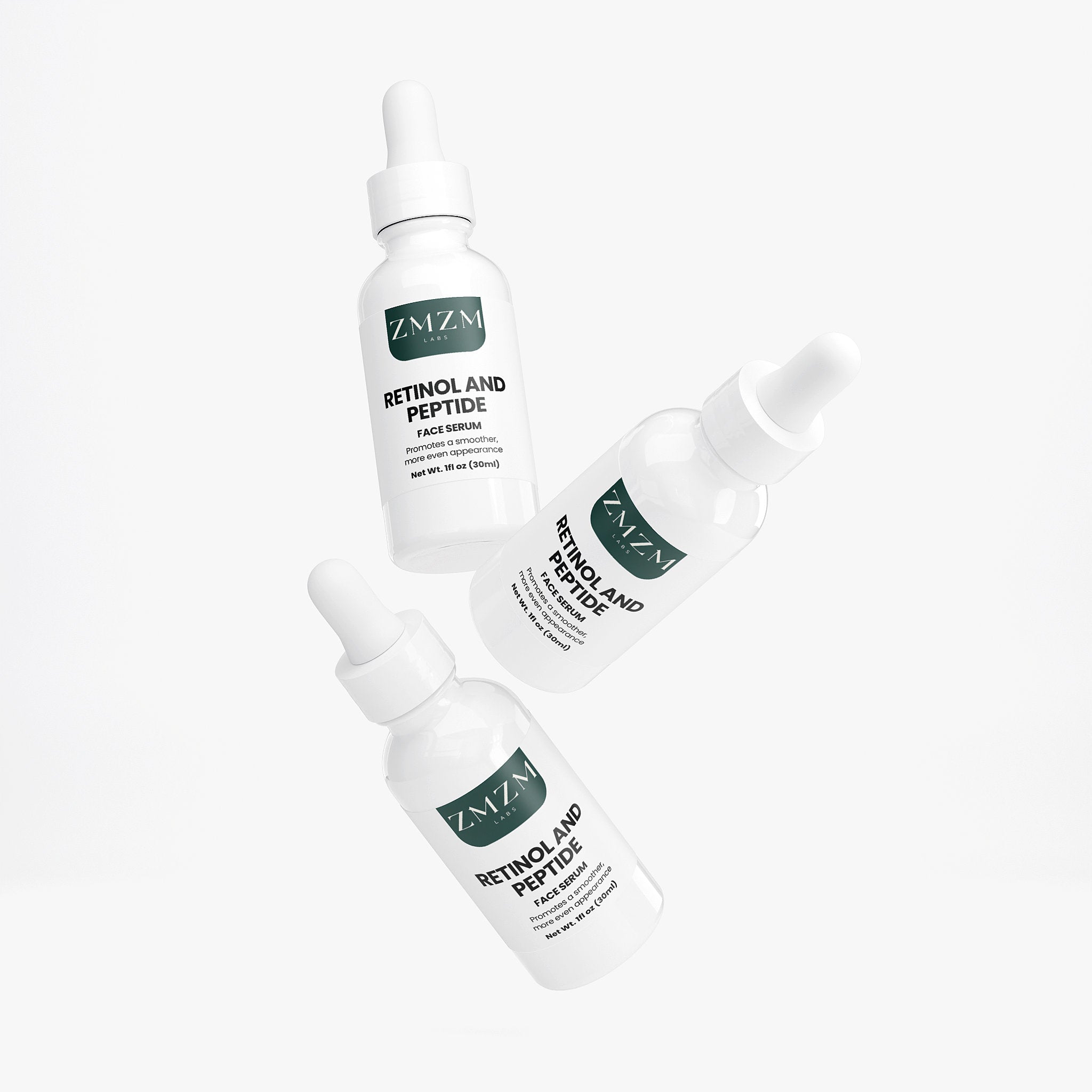 Three bottles of ZMZM Labs Retinol and Peptide Face Serum on a white background