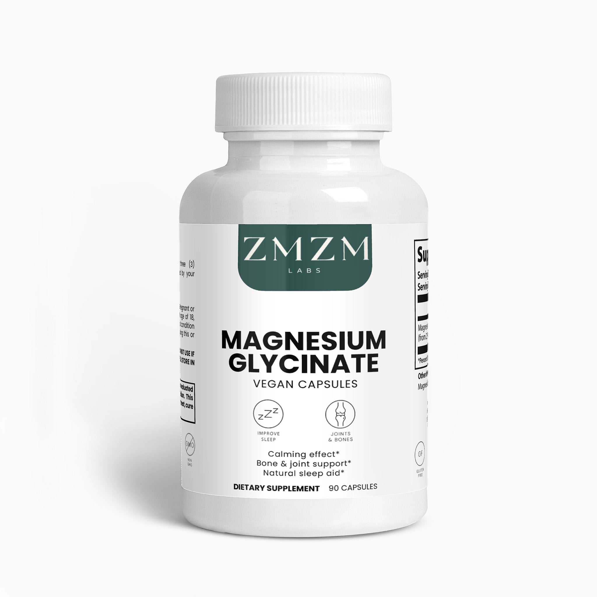 Bottle of ZMZM Labs Magnesium Glycinate capsules on a white background
