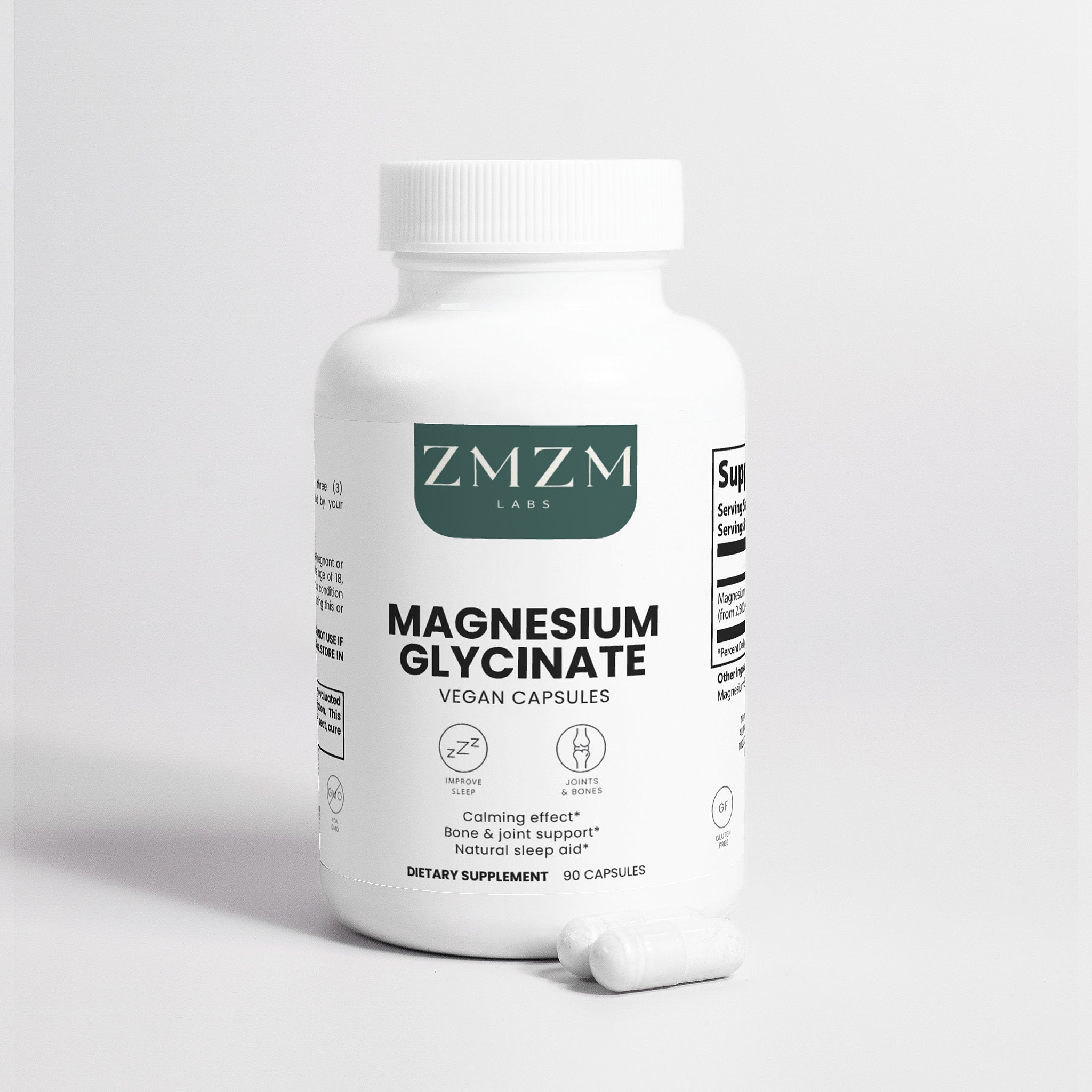 Bottle of ZMZM Labs Magnesium Glycinate capsules on a light gray background
