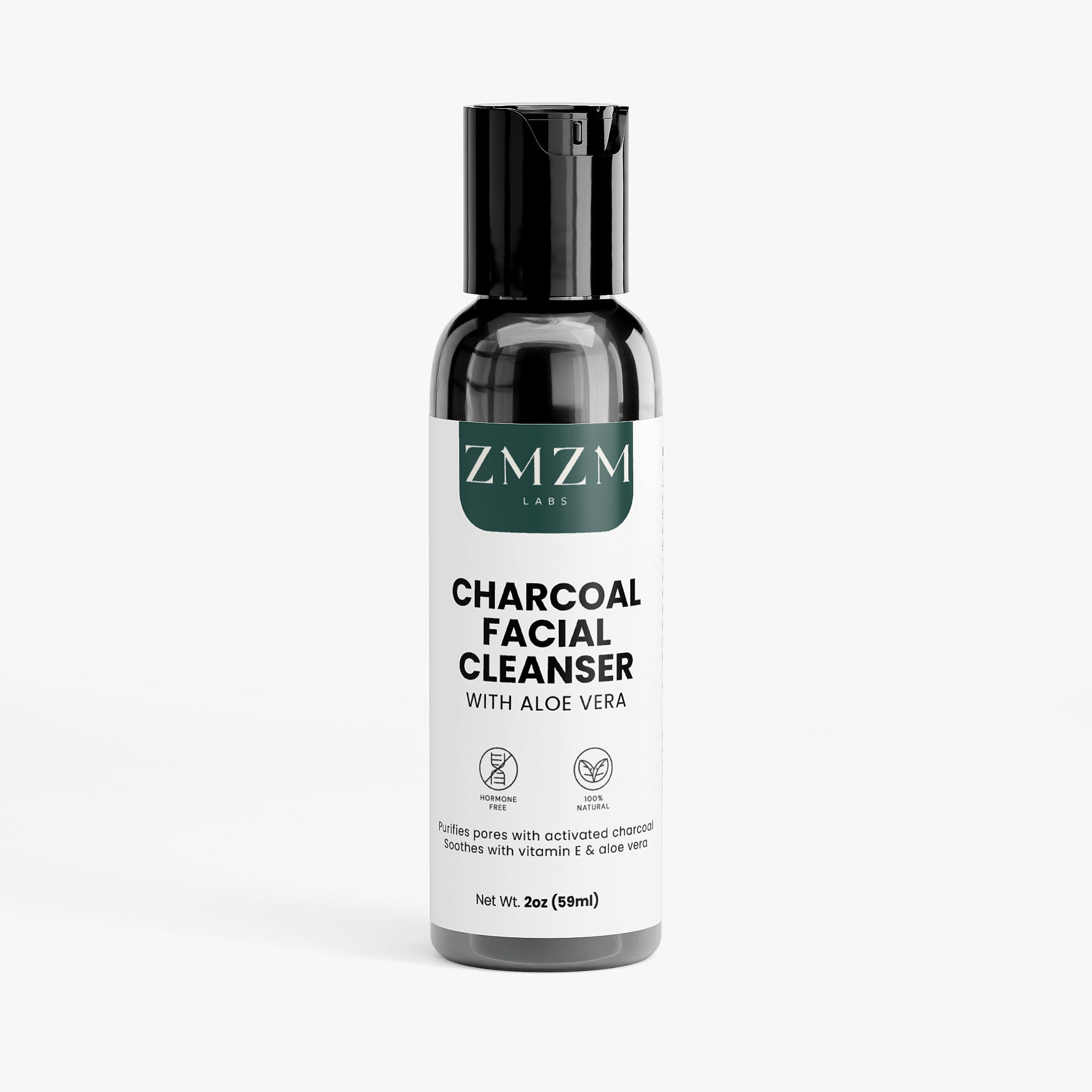 Bottle of ZMZM Labs Charcoal Facial Cleanser with Aloe Vera on a white background
