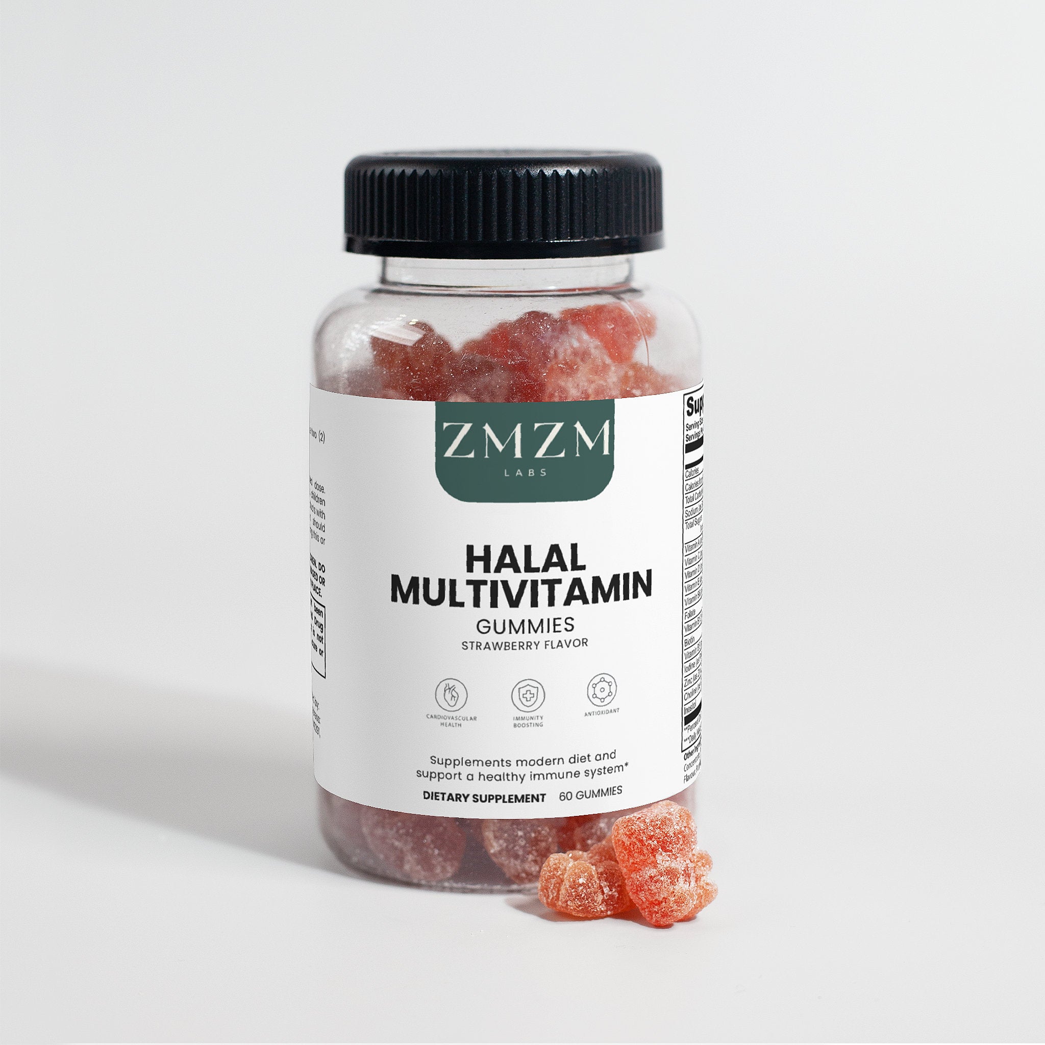 Bottle of ZMZM Lab Halal Multivitamin Gummies on a light gray background