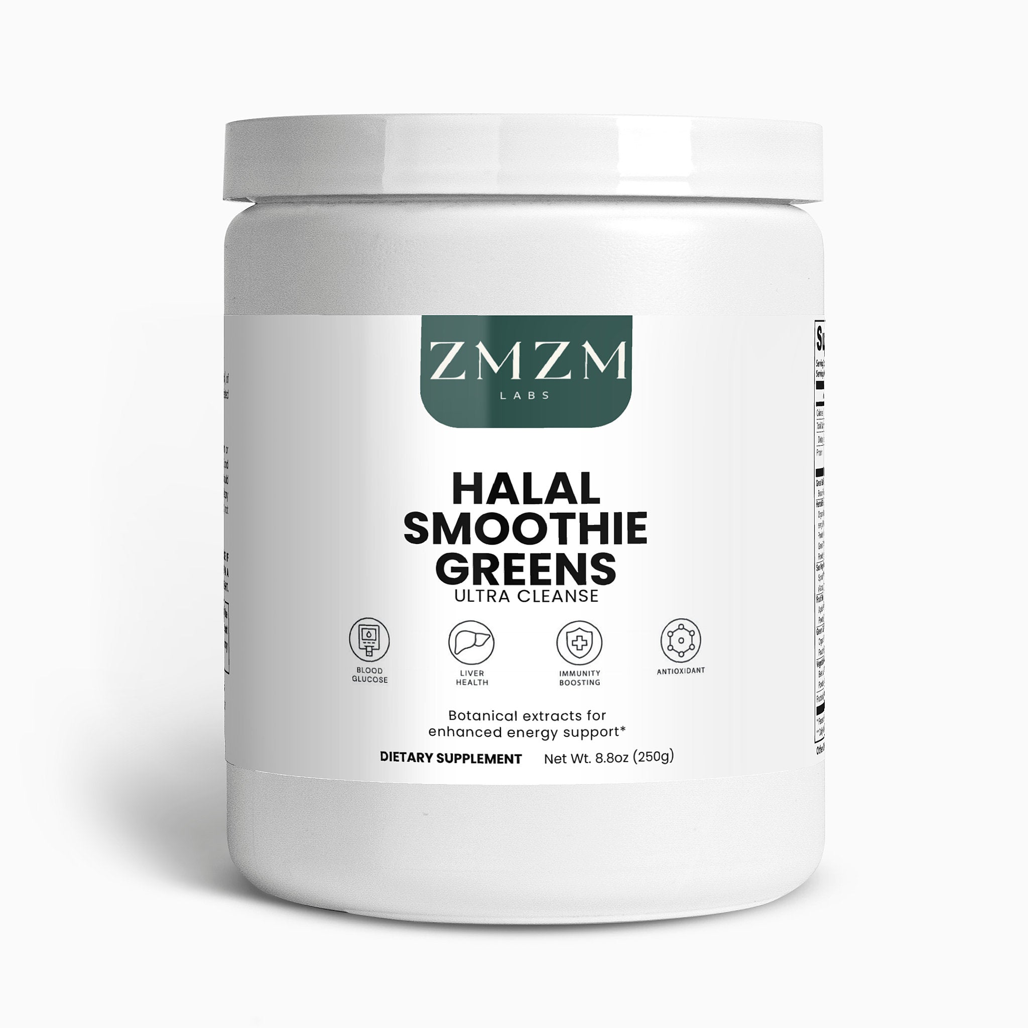 ZMZM Labs Halal Smoothie Greens supplement container on a white background