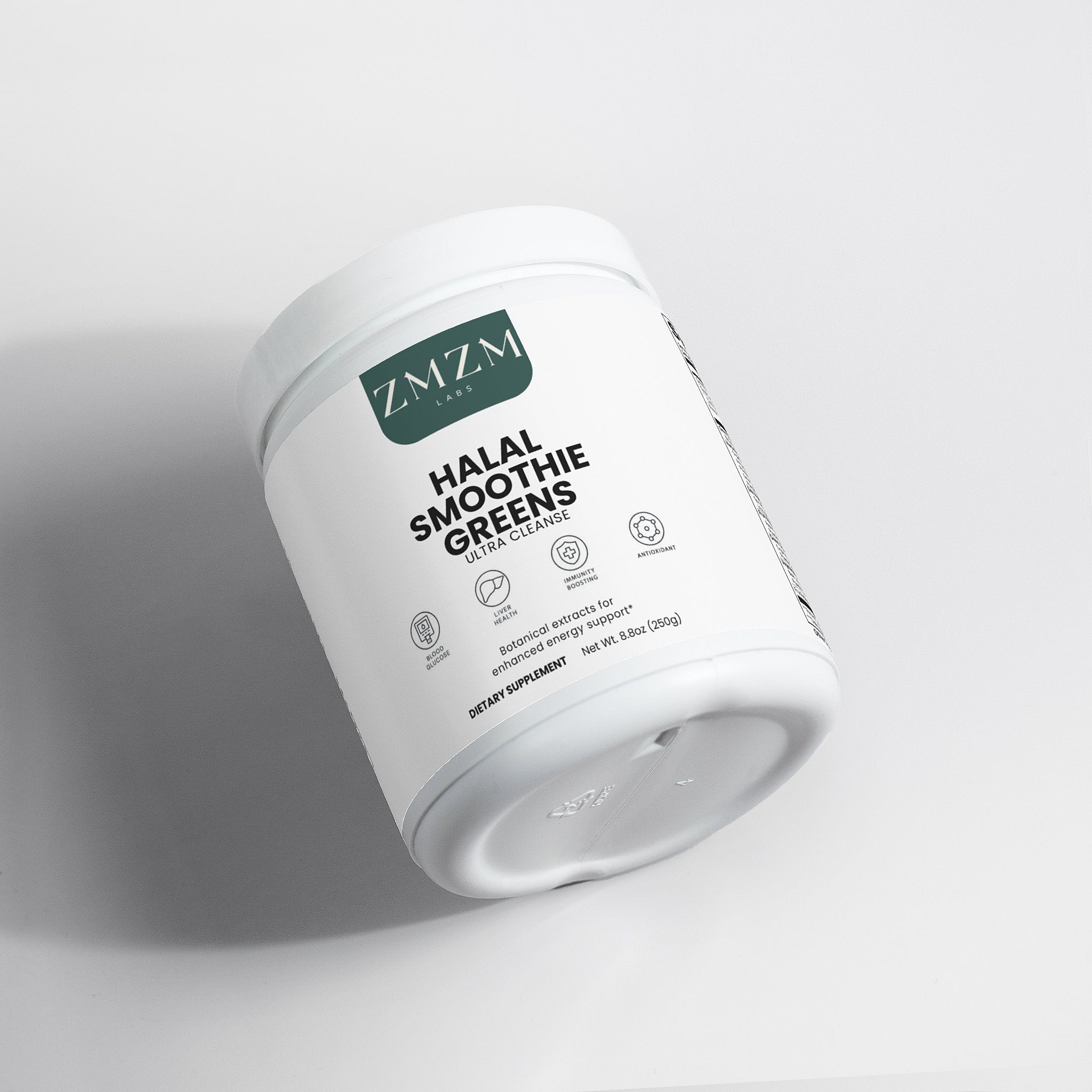 Container of ZMZM Halal Smoothie Greens on a light gray background
