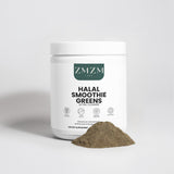 ZMZM Halal Smoothie Greens supplement container with green powder on a light gray background