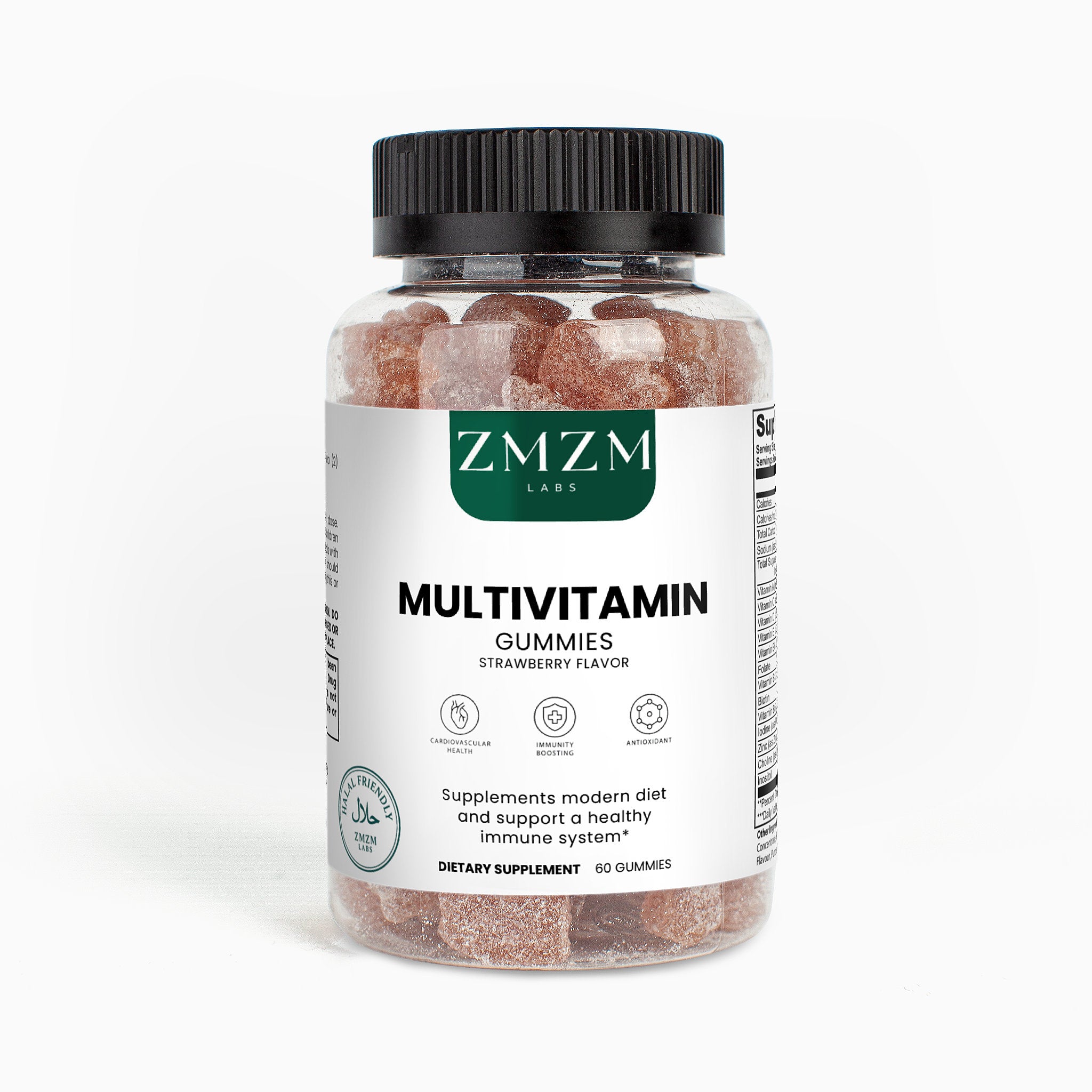 Bottle of ZMZM Multivitamin Gummies on a white background