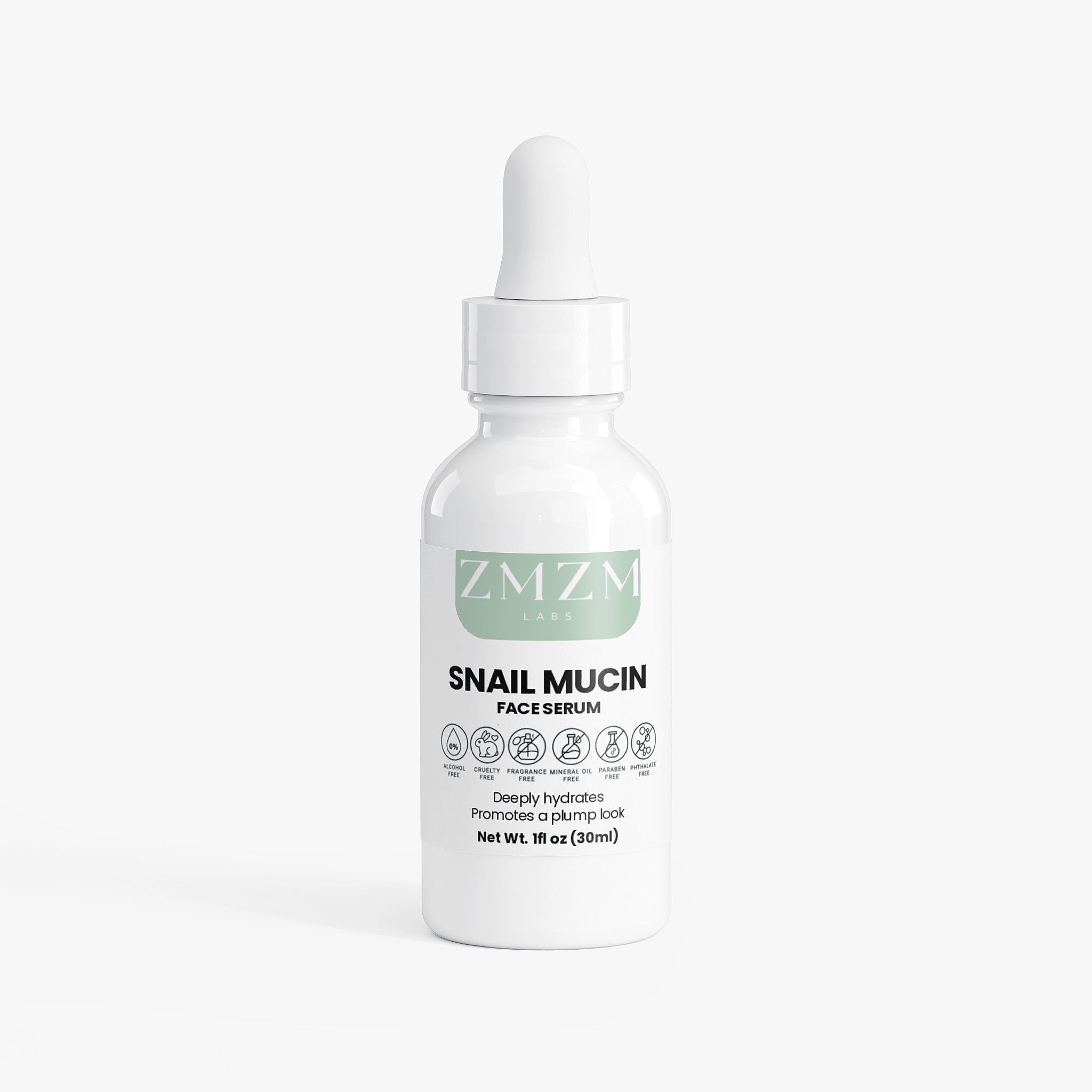 ZMZM Labs Snail Mucin face serum bottle on a white background
