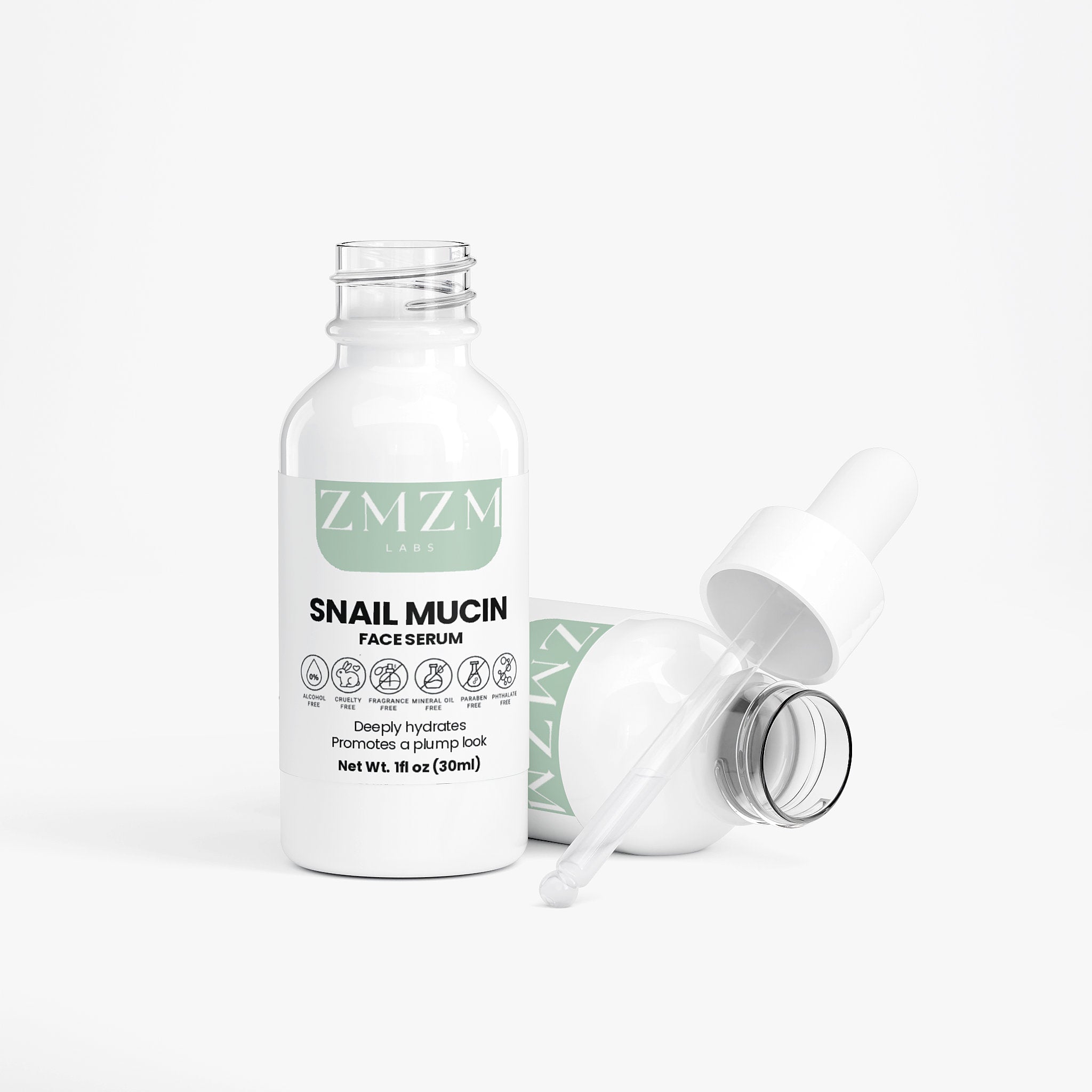 ZMZM Labs Snail Mucin face serum bottle with dropper on a white background