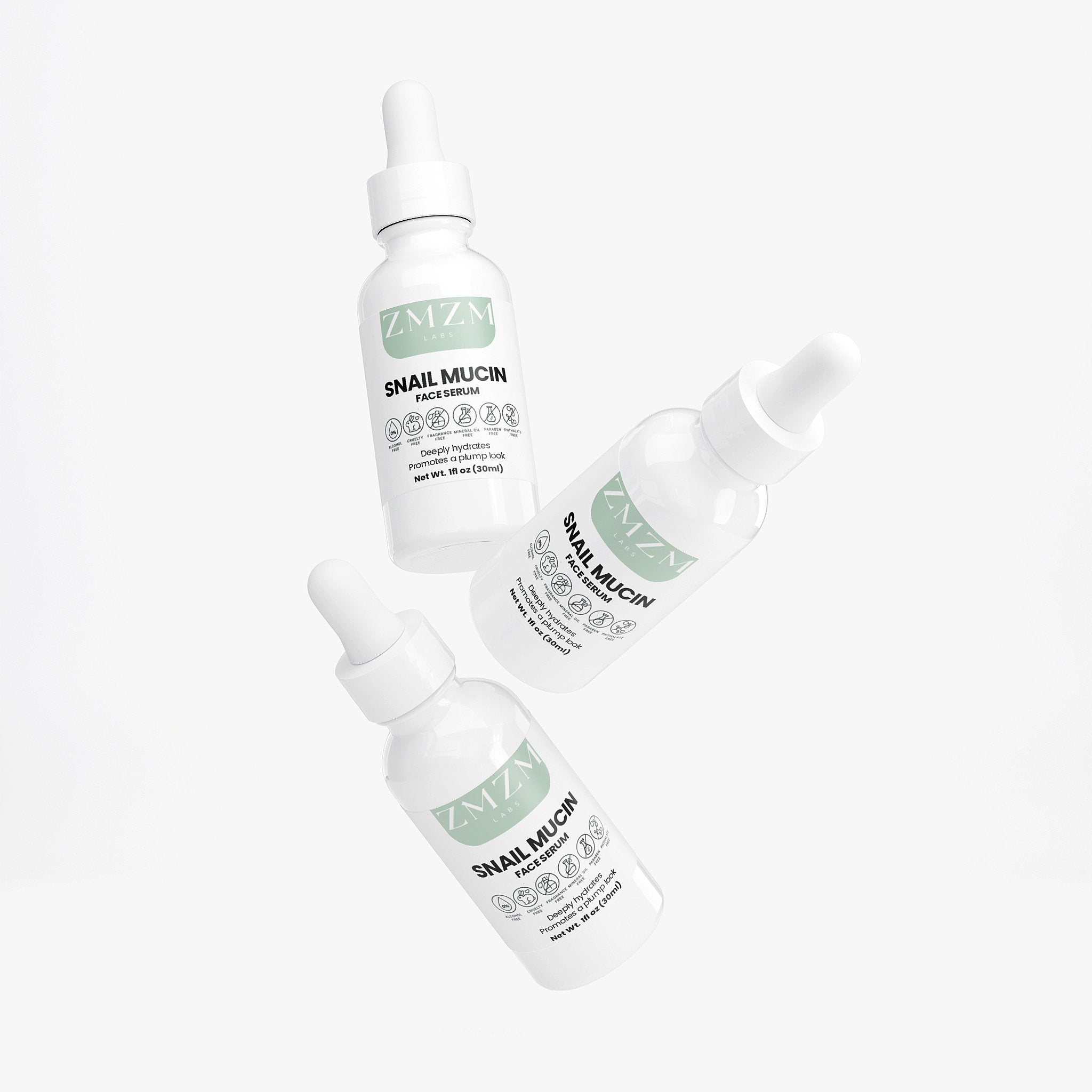Three bottles of ZMZM Labs Snail Mucin Face Toner on a white background