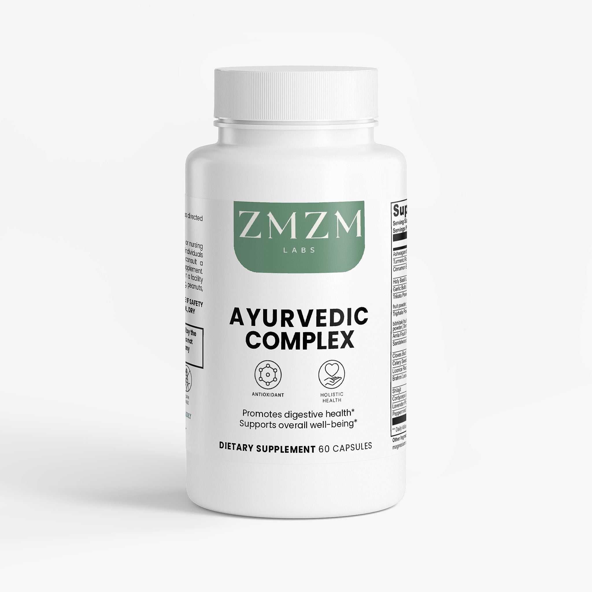 Supplement bottle labeled ZMZM Labs Ayurvedic Complex on a white background