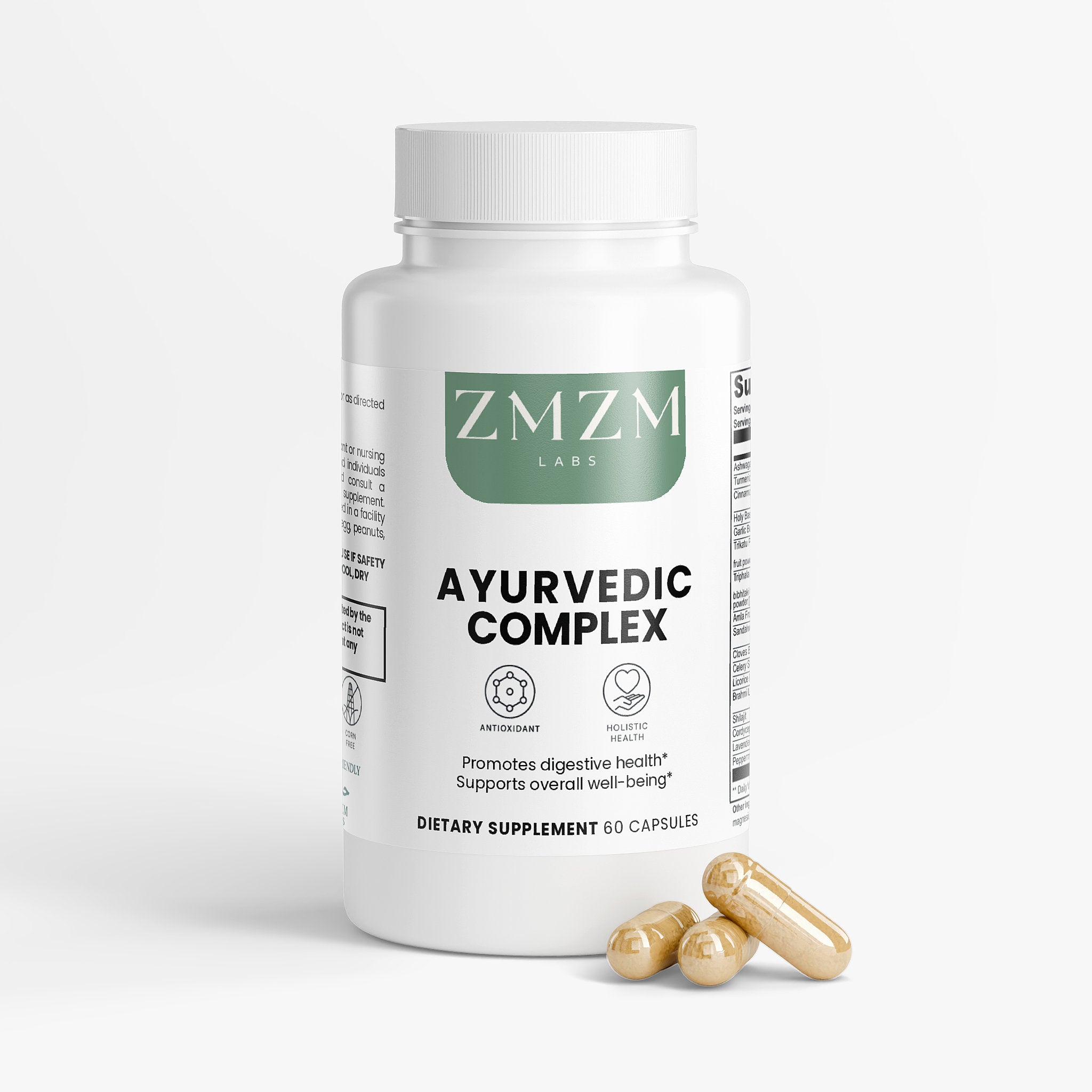 ZMZM Labs Ayurvedic Complex dietary supplement bottle with capsules on a white background
