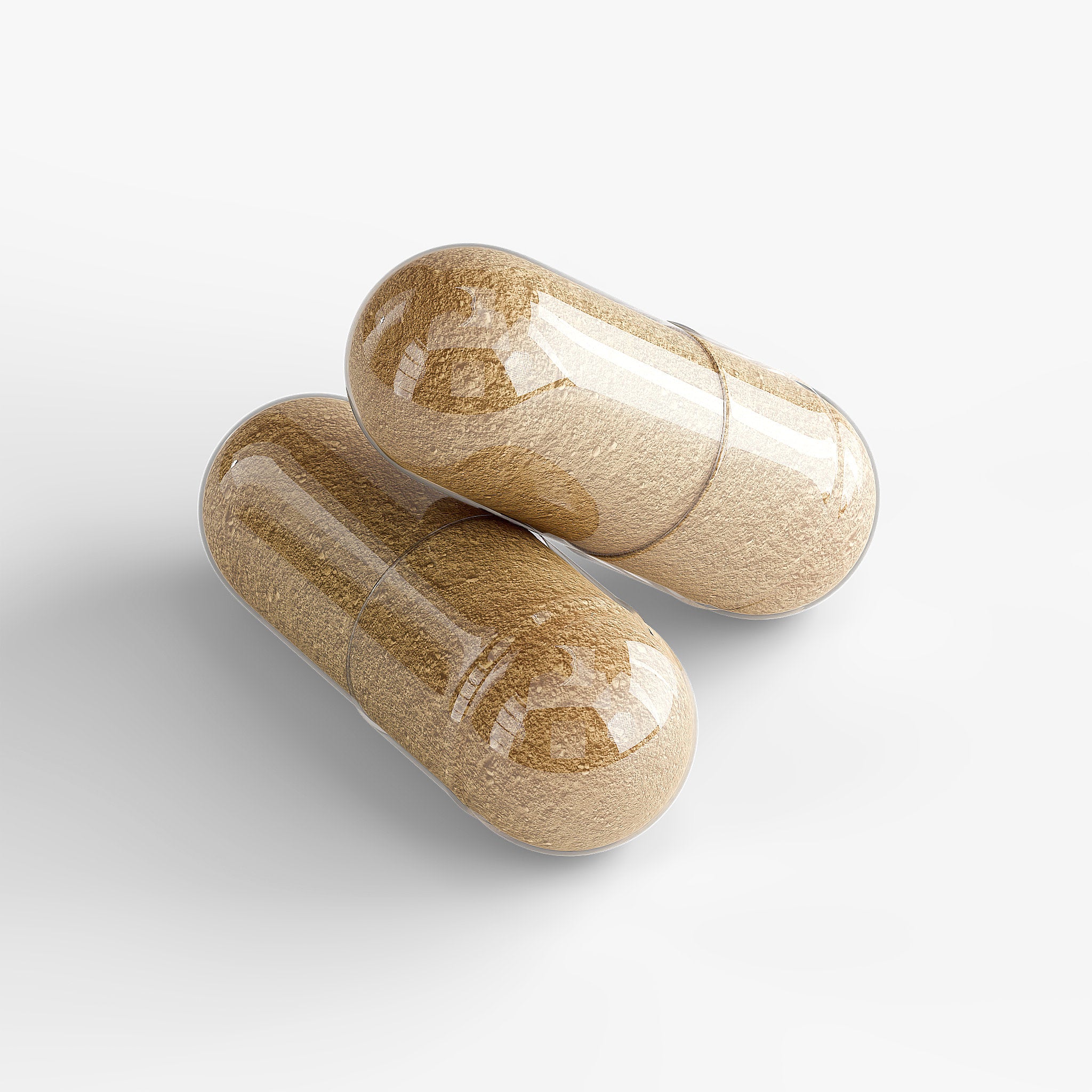 Two beige capsules on a white background