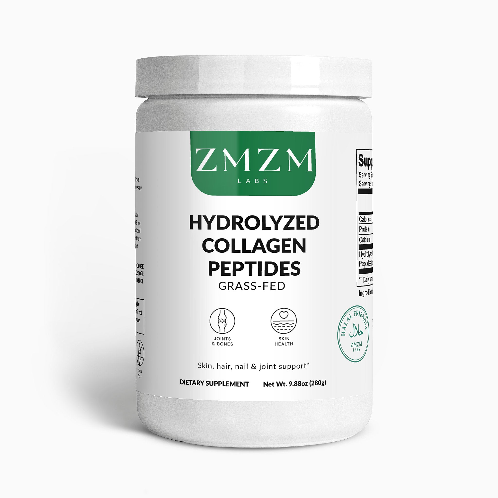 ZMZM Labs hydrolyzed collagen peptides container on a white background