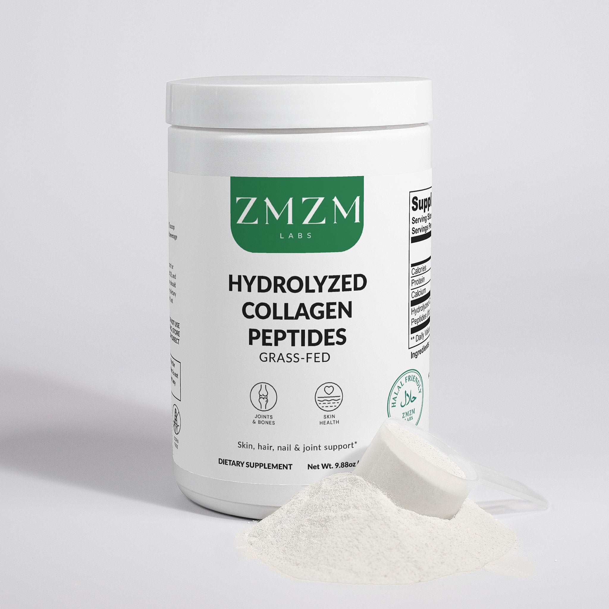Container of ZMZM Labs hydrolyzed collagen peptides on a light gray background