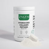 Container of ZMZM Labs hydrolyzed collagen peptides on a light gray background