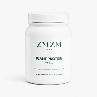 ZMZM Labs Plant Protein Vanilla tub — halal vegan protein from fava bean and fermented yeast, 20g per serving