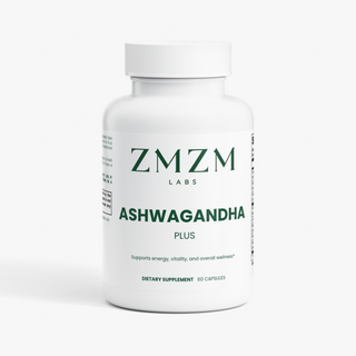 ZMZM Labs Ashwagandha Plus supplement bottle — halal, gluten-free, gelatin-free capsules for focus and stress support