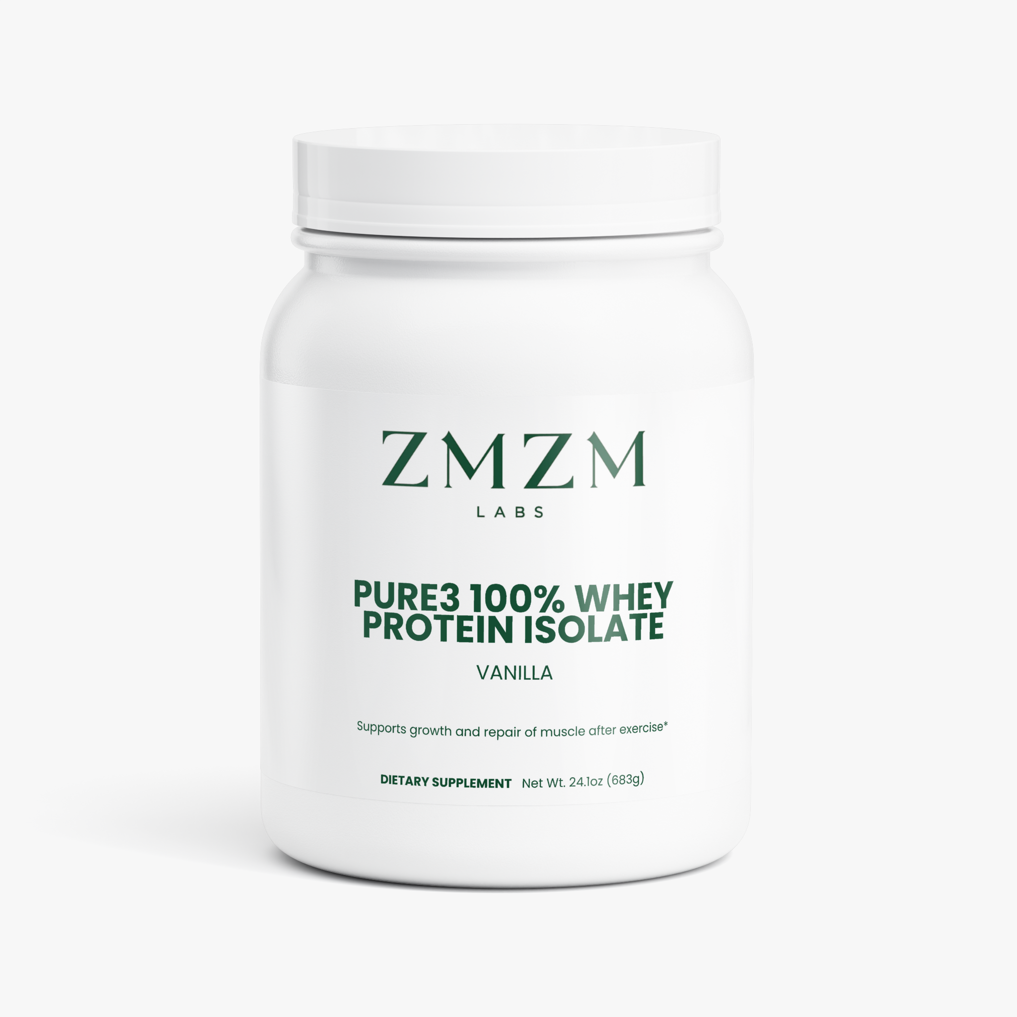 ZMZM Labs Pure3 Whey Protein Isolate Vanilla tub — halal three-ingredient whey isolate, 19g protein per scoop