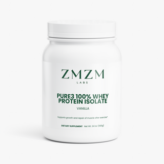ZMZM Labs Pure3 Whey Protein Isolate Vanilla tub — halal three-ingredient whey isolate, 19g protein per scoop