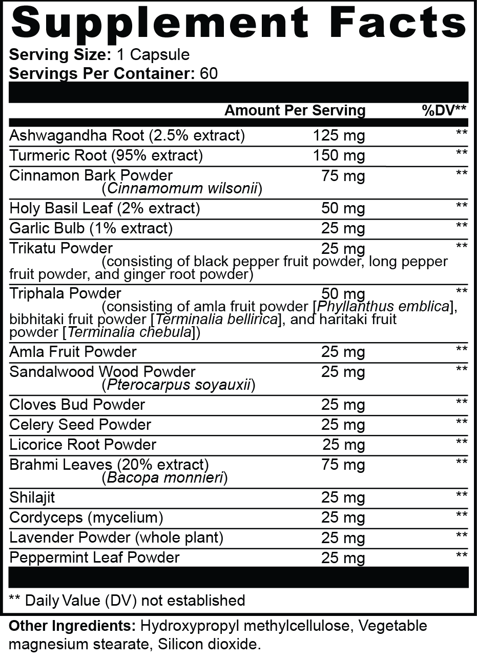 Supplement facts label with various herbal ingredients and their amounts per serving.