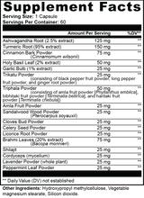 Supplement facts label with various herbal ingredients and their amounts per serving.