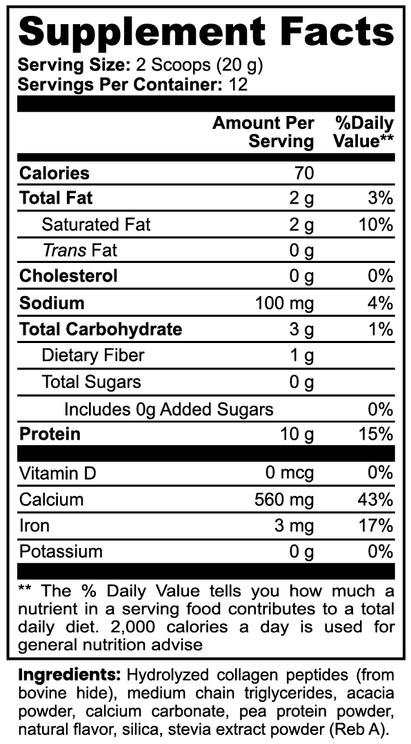 Supplement facts label for a product with nutritional information.