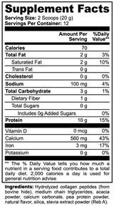 Supplement facts label for a product with nutritional information.